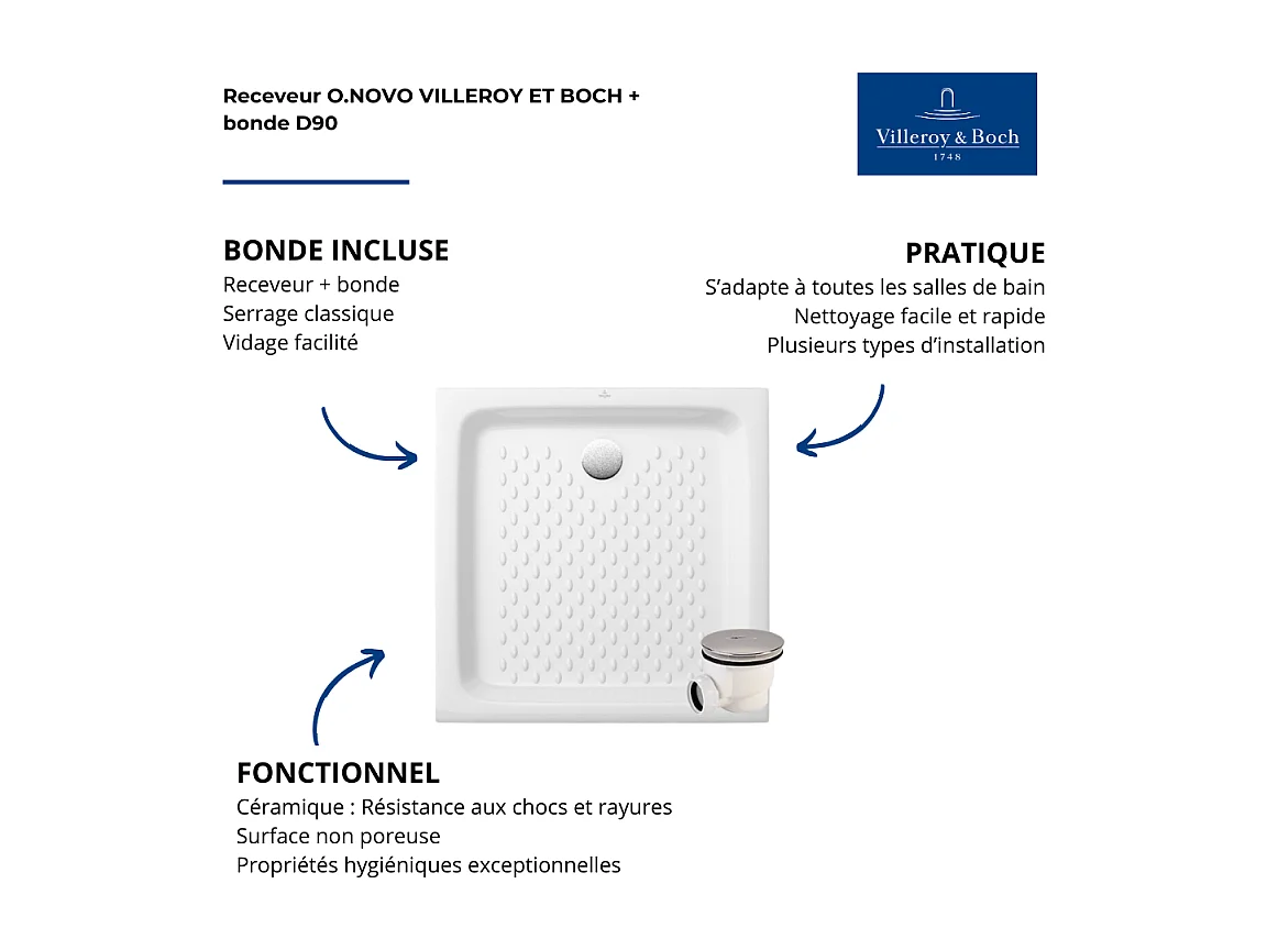 Pack receveur 90 x 90 Villeroy & boch O Novo ceramique carré blanc avec bonde D90