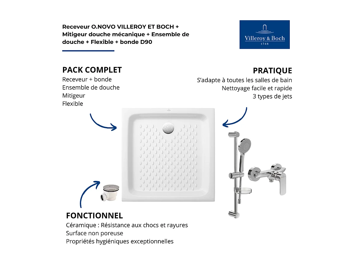 Pack receveur 70 x 70 VILLEROY ET BOCH O Novo ceramique carré blanc avec bonde D90 et robinetterie