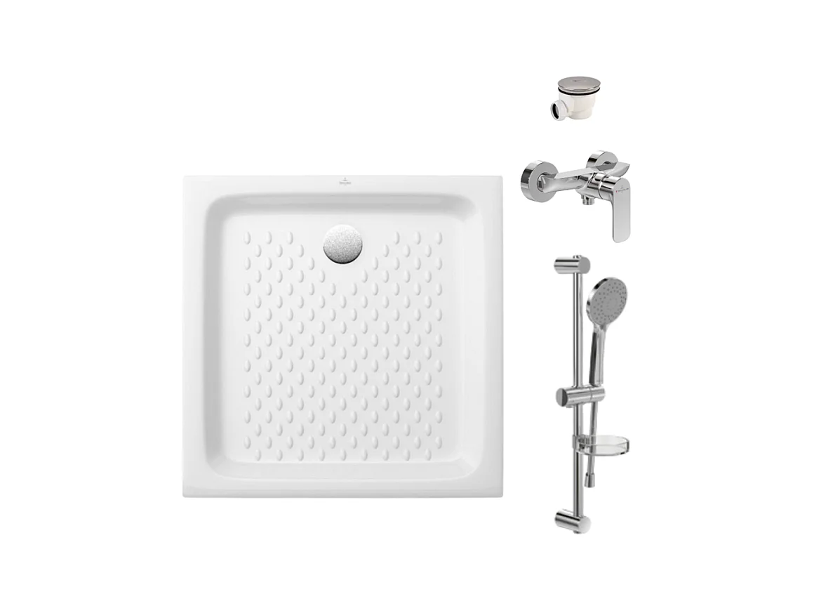 Pack receveur 70 x 70 VILLEROY ET BOCH O Novo ceramique carré blanc avec bonde D90 et robinetterie