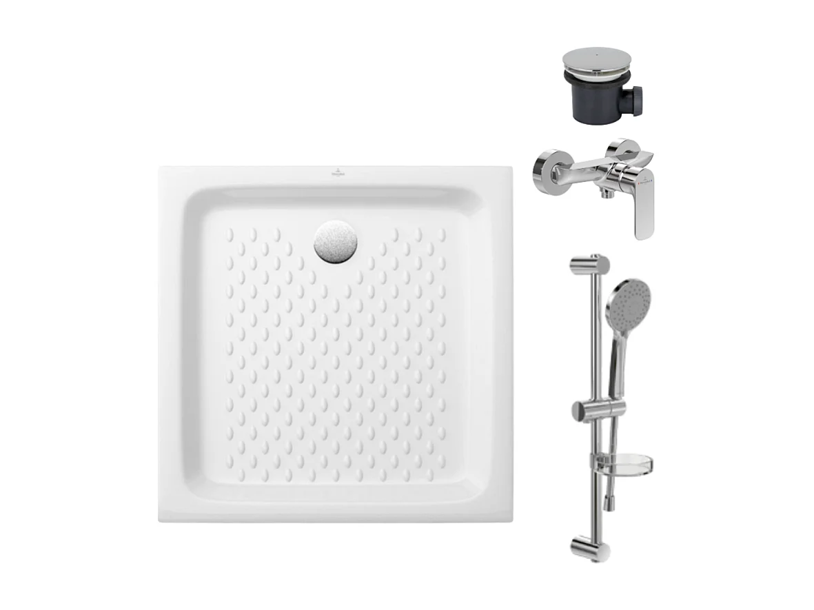 Pack receveur 70 x 70 VILLEROY ET BOCH O Novo ceramique carré blanc avec bonde D90 et robinetterie
