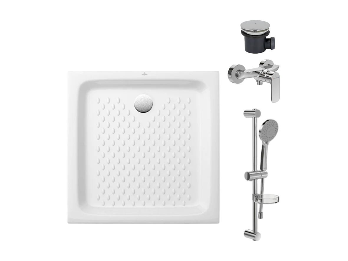 Pack receveur 70 x 70 VILLEROY ET BOCH O Novo ceramique carré blanc avec bonde D90 et robinetterie