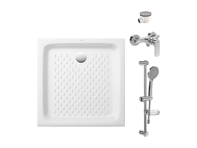 Pack receveur 70 x 70 VILLEROY ET BOCH O Novo ceramique carré blanc avec bonde D90 et robinetterie