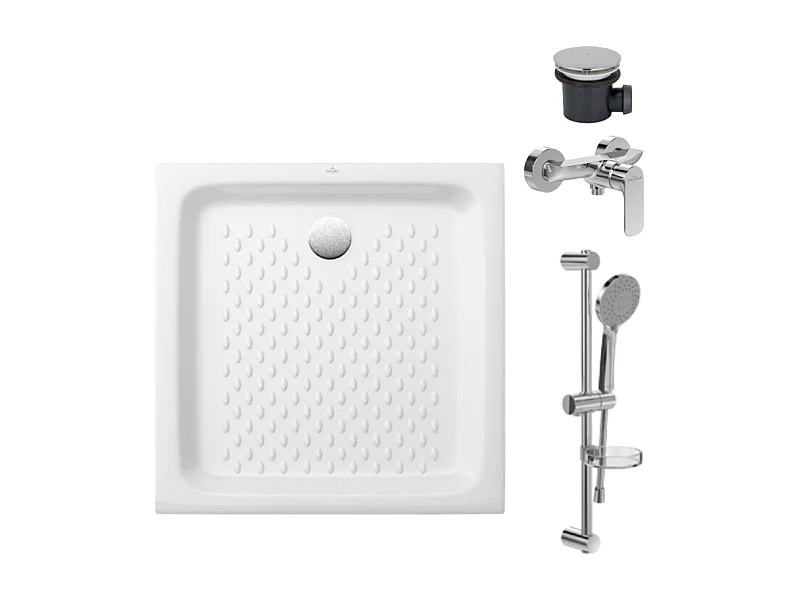 Pack receveur 70 x 70 VILLEROY ET BOCH O Novo ceramique carré blanc avec bonde D90 et robinetterie