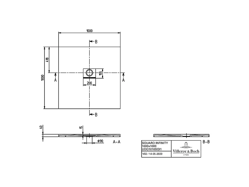 Receveur antidérapant 100 x 100 VILLEROY ET BOCH Squaro Infinity quaryl carré gris anthracite