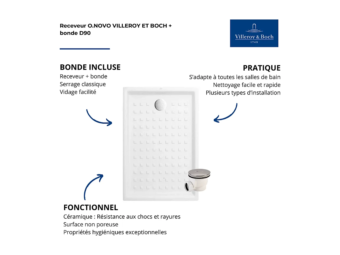 Pack receveur 100 x 80 VILLEROY ET BOCH O Novo ceramique rectangle blanc avec bonde D90