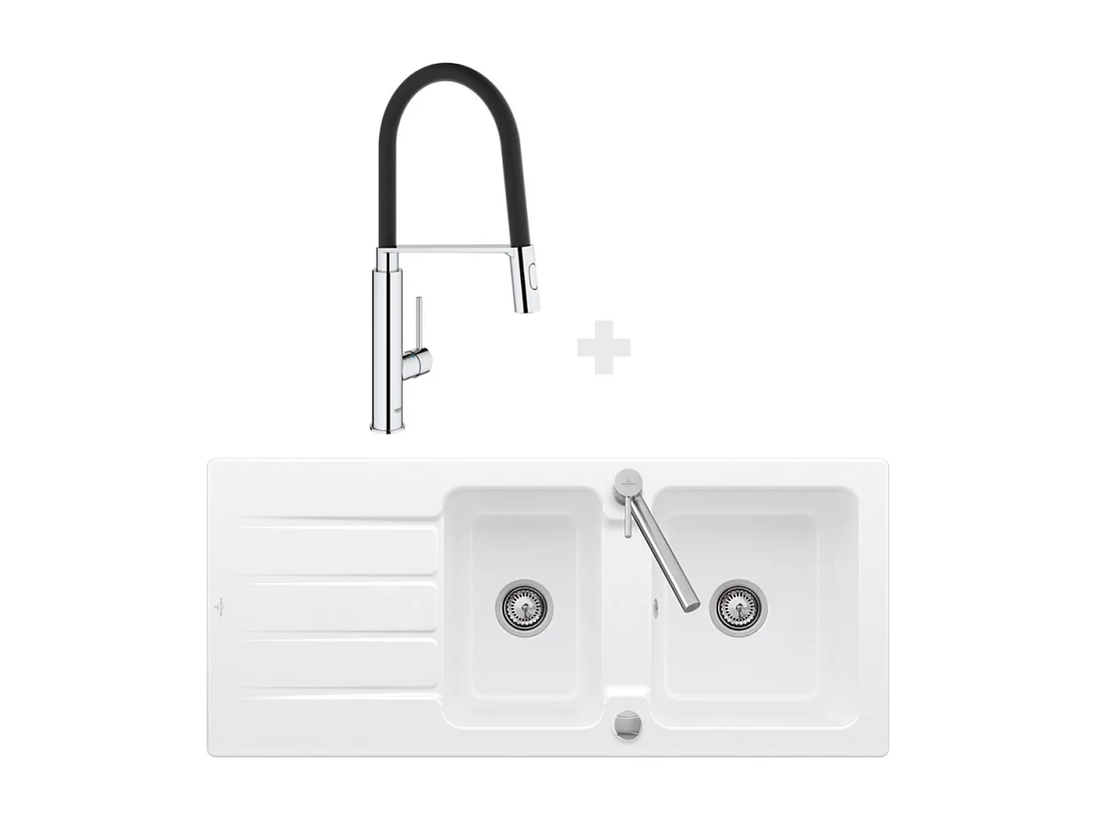 Evier 116 x 51 cm VILLEROY ET BOCH Architectura 80 Blanc + Robinet cuisine GROHE Concetto