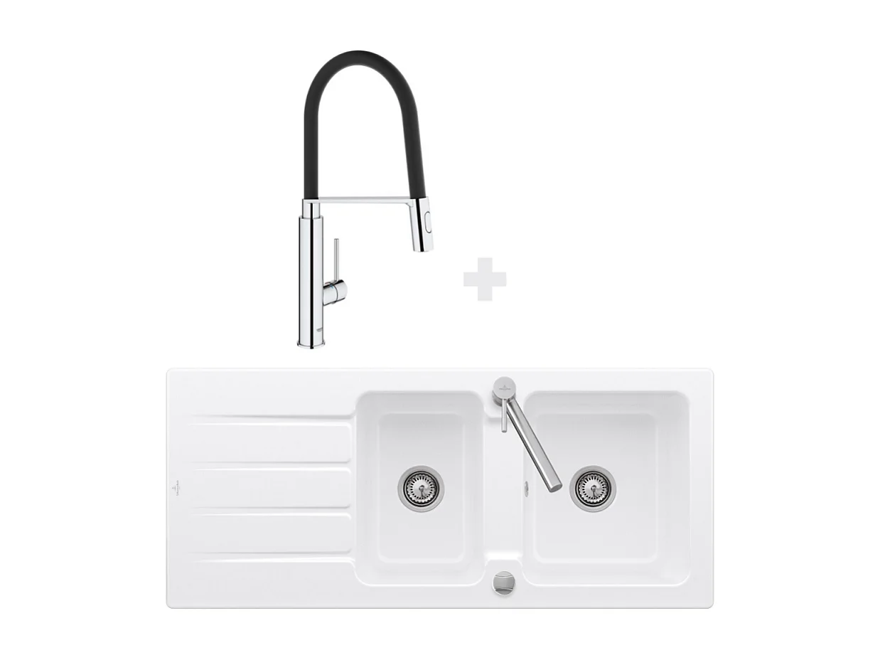 Evier 116 x 51 cm VILLEROY ET BOCH Architectura 80 Blanc + Robinet cuisine GROHE Concetto