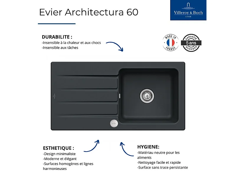 Evier 1 bac VILLEROY ET BOCH Architectura 60 Pure Black avec vidage automatique