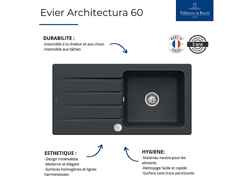 Evier 1 bac VILLEROY ET BOCH Architectura 60 Pure Black avec vidage automatique