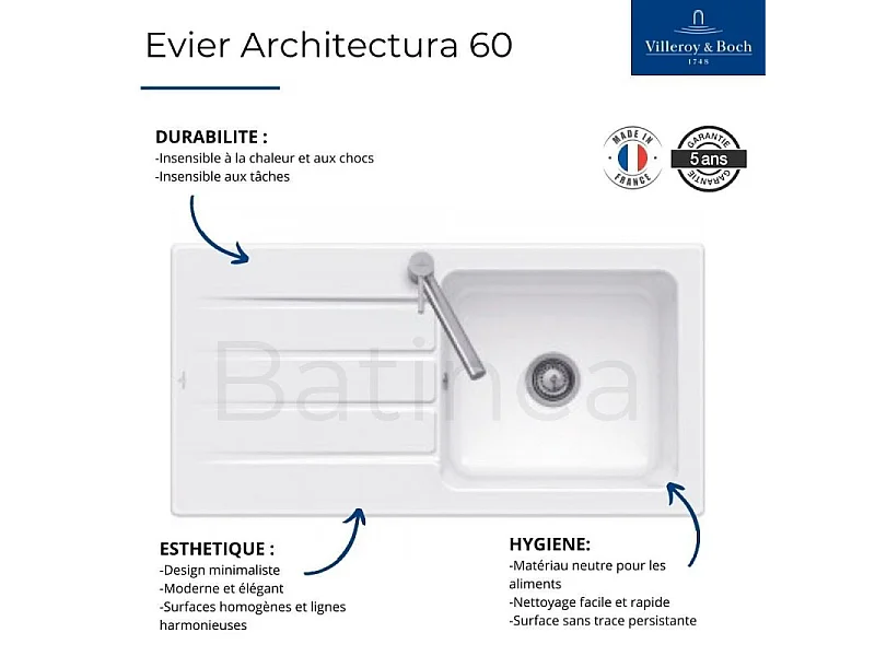 Evier 1 bac VILLEROY ET BOCH Architectura 60 + Robinet de cuisine Junis Shower