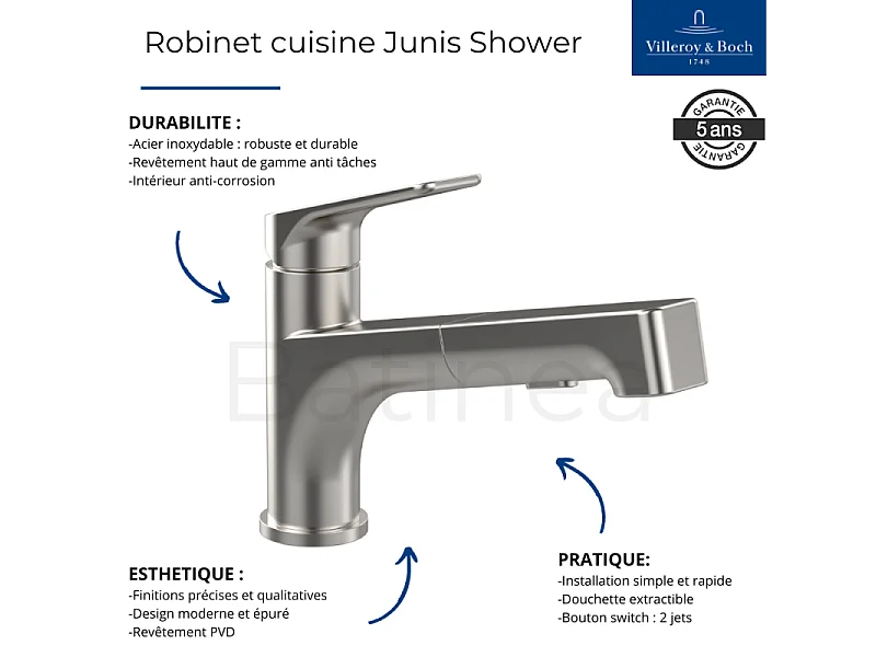 Evier 1 bac VILLEROY ET BOCH Architectura 60 + Robinet de cuisine Junis Shower