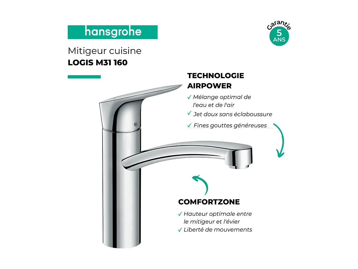 Evier 1 bac HANSGROHE S44 inox + robinet de cuisine HANSGROHE Logis M31 160 chromé