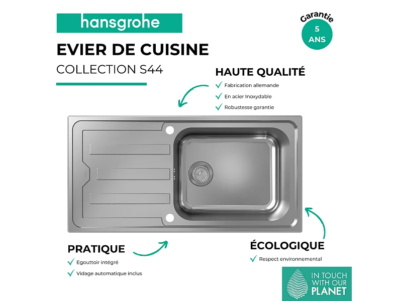 Evier 1 bac avec égoutoir HANSGROHE S44 inox