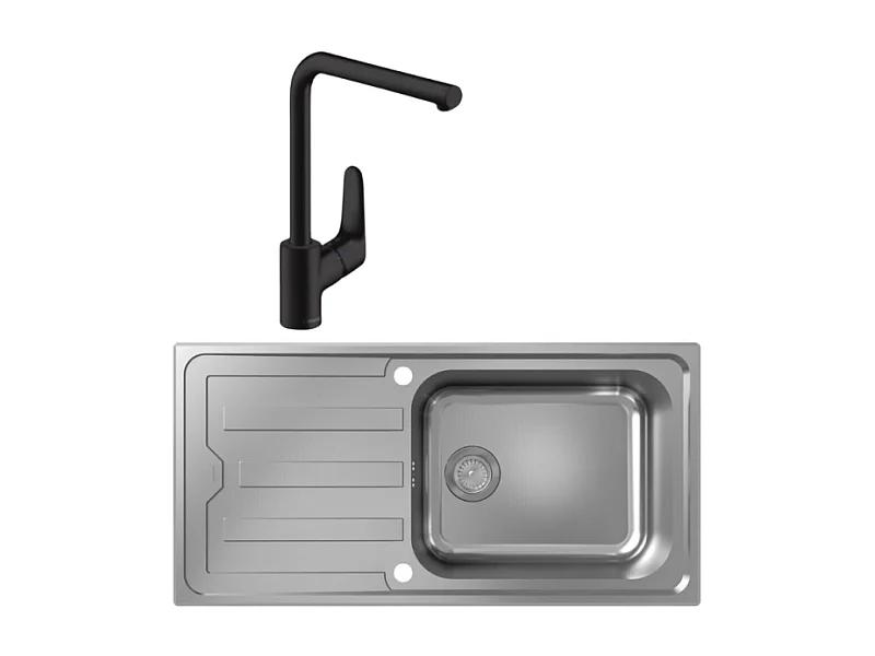 Evier 1 bac HANSGROHE S44 inox + robinet de cuisine HANSGROHE Focus M41 280 noir mat