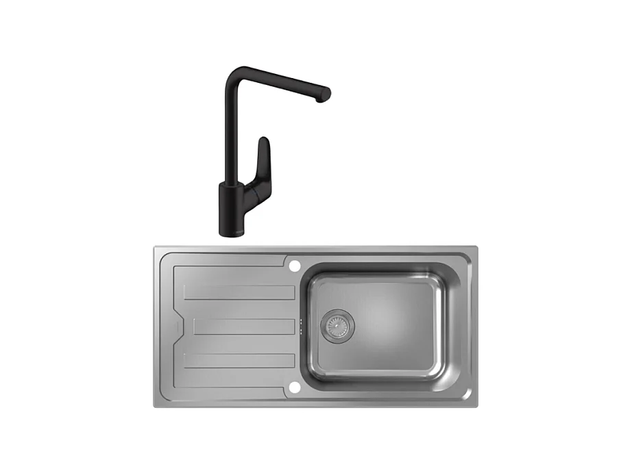 Evier 1 bac HANSGROHE S44 inox + robinet de cuisine HANSGROHE Focus M41 280 noir mat