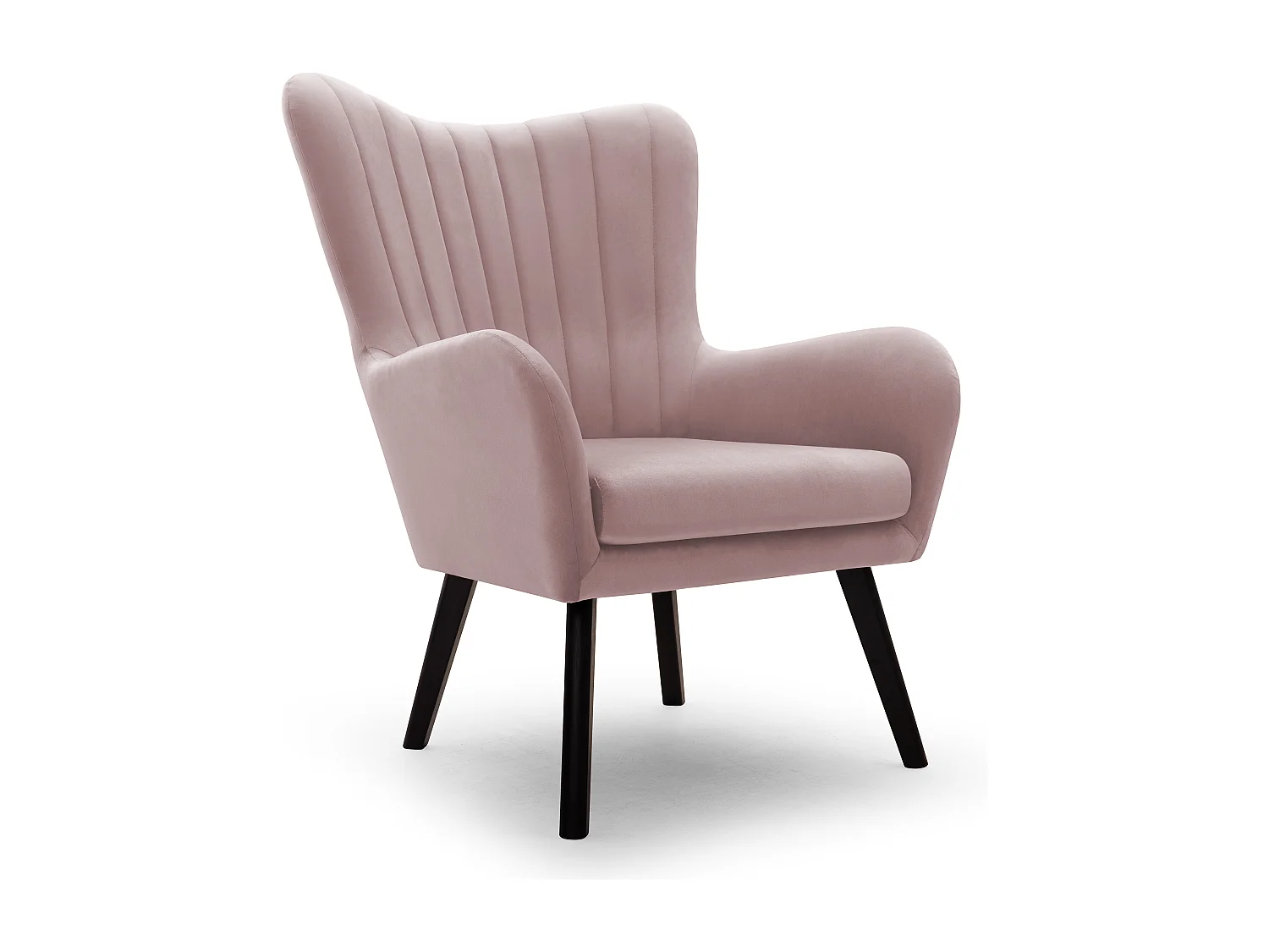 Ted fauteuil van Velluto – Elegante fluwelen stoel, hoge rugleuning, brede zitting, zwarte houten poten, 76x78x100 cm, Poederroze