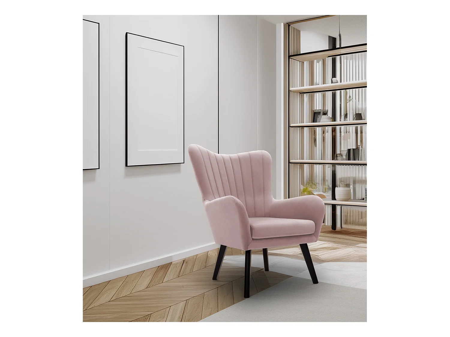 Fauteuil TED en velours Velluto – Élégant fauteuil rose poudré, dossier haut, assise large, pieds en bois noir, coutures verticales, 76x78x100 cm