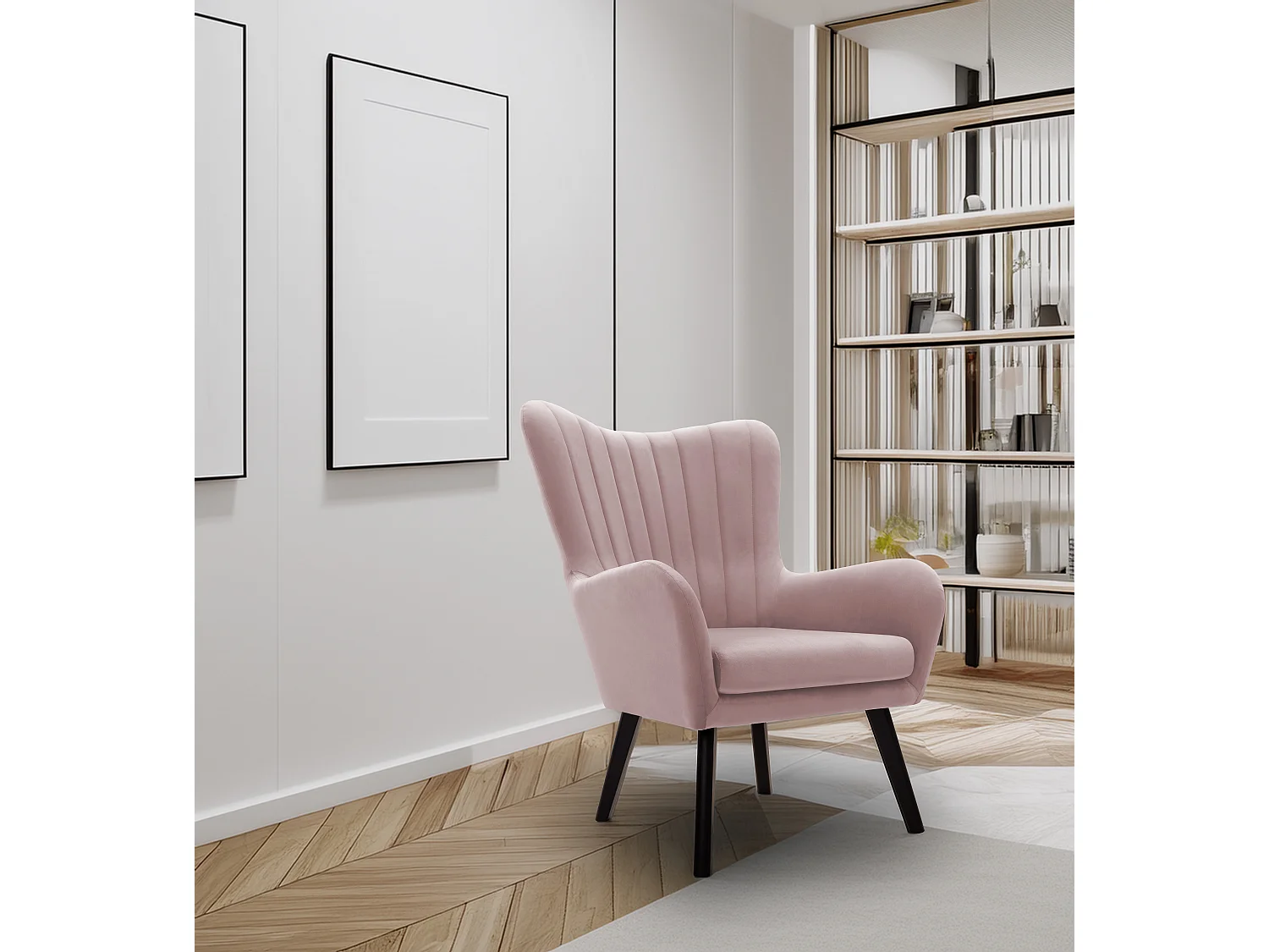 Ted fauteuil van Velluto – Elegante fluwelen stoel, hoge rugleuning, brede zitting, zwarte houten poten, 76x78x100 cm, Poederroze