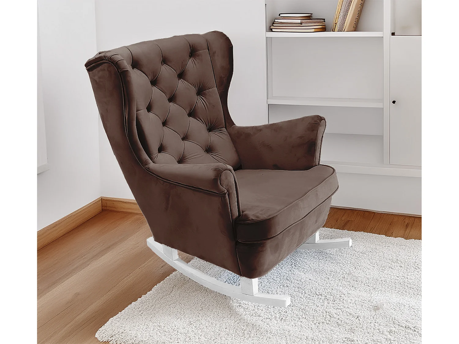 Ted fauteuil van Velluto – Elegante fluwelen stoel, hoge rugleuning, brede zitting, zwarte houten poten, 76x78x100 cm, Poederroze