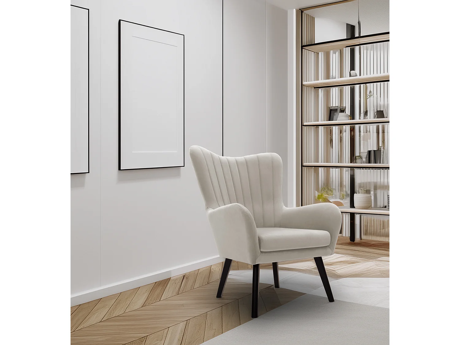 Fauteuil TED en velours Velluto – Élégant fauteuil gris clair, dossier haut, assise large, pieds en bois noir, coutures verticales, 76x78x100 cm