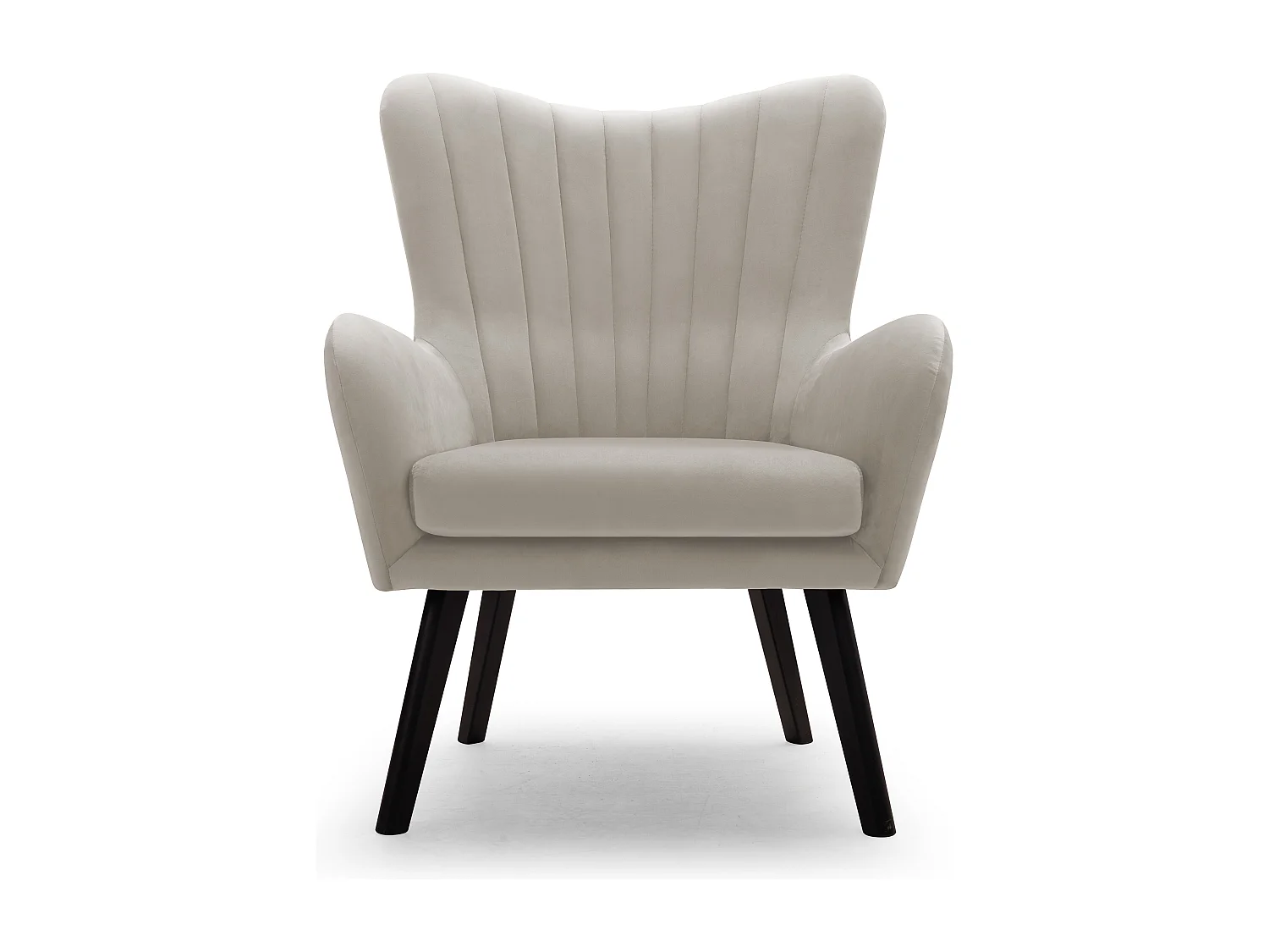 Fauteuil TED en velours Velluto – Élégant fauteuil gris clair, dossier haut, assise large, pieds en bois noir, coutures verticales, 76x78x100 cm