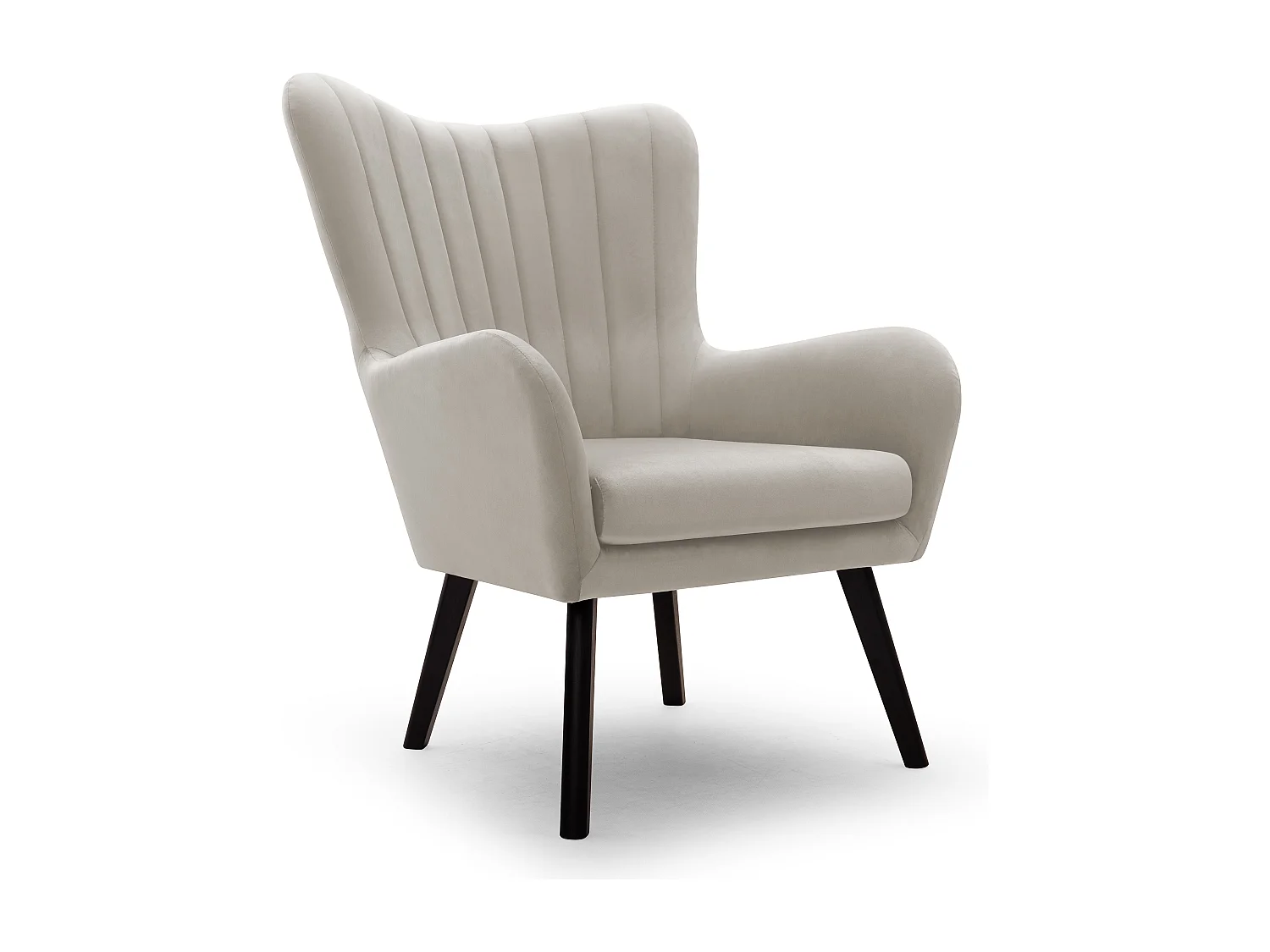 Fauteuil TED en velours Velluto – Élégant fauteuil gris clair, dossier haut, assise large, pieds en bois noir, coutures verticales, 76x78x100 cm