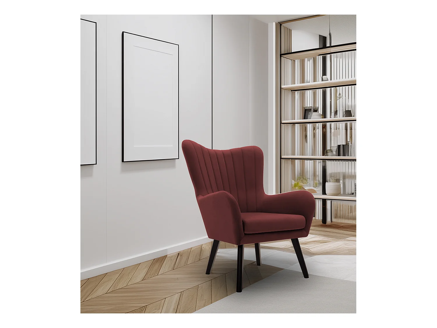 Fauteuil TED en velours Velluto – Élégant fauteuil bordeaux, dossier haut, assise large, pieds en bois noir, coutures verticales, 76x78x100 cm