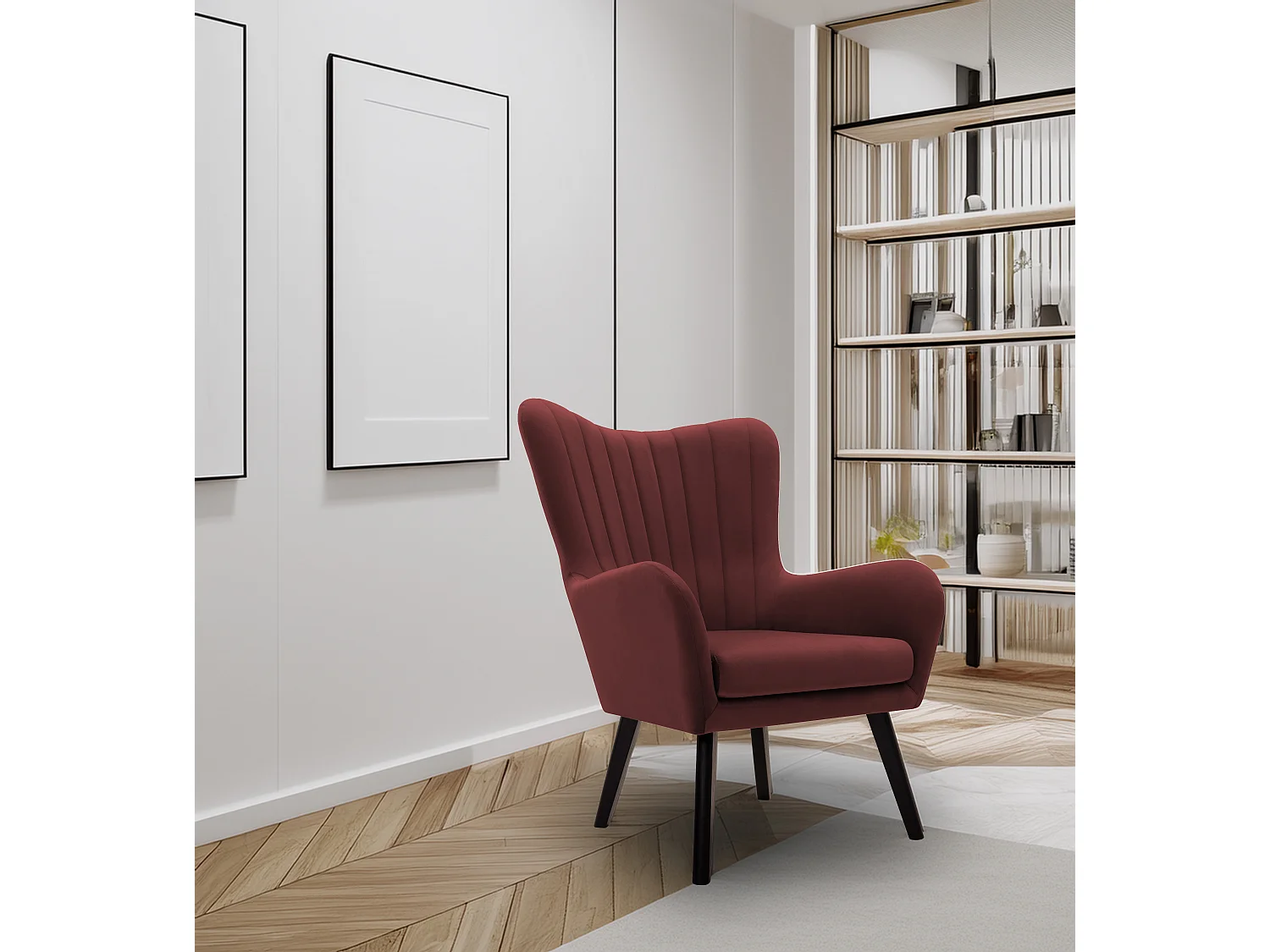 Ted fauteuil van Velluto – Elegante fluwelen stoel, hoge rugleuning, brede zitting, zwarte houten poten, 76x78x100 cm, Kastanjebruin