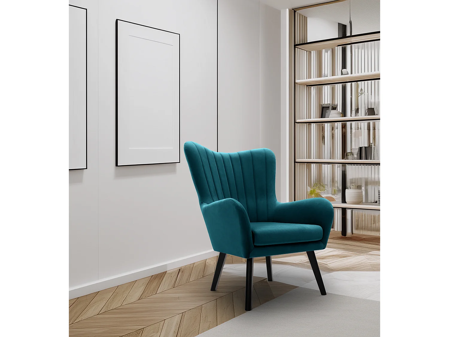 Ted fauteuil van Velluto – Elegante fluwelen stoel, hoge rugleuning, brede zitting, zwarte houten poten, 76x78x100 cm, Turquoise