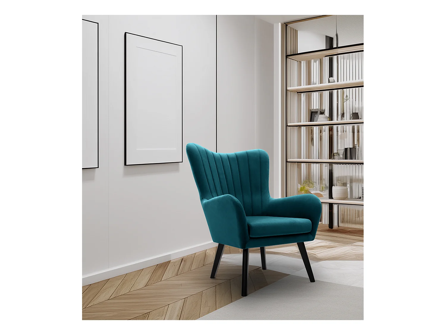 Fauteuil TED en velours Velluto – Élégant fauteuil turquoise, dossier haut, assise large, pieds en bois noir, coutures verticales, 76x78x100 cm