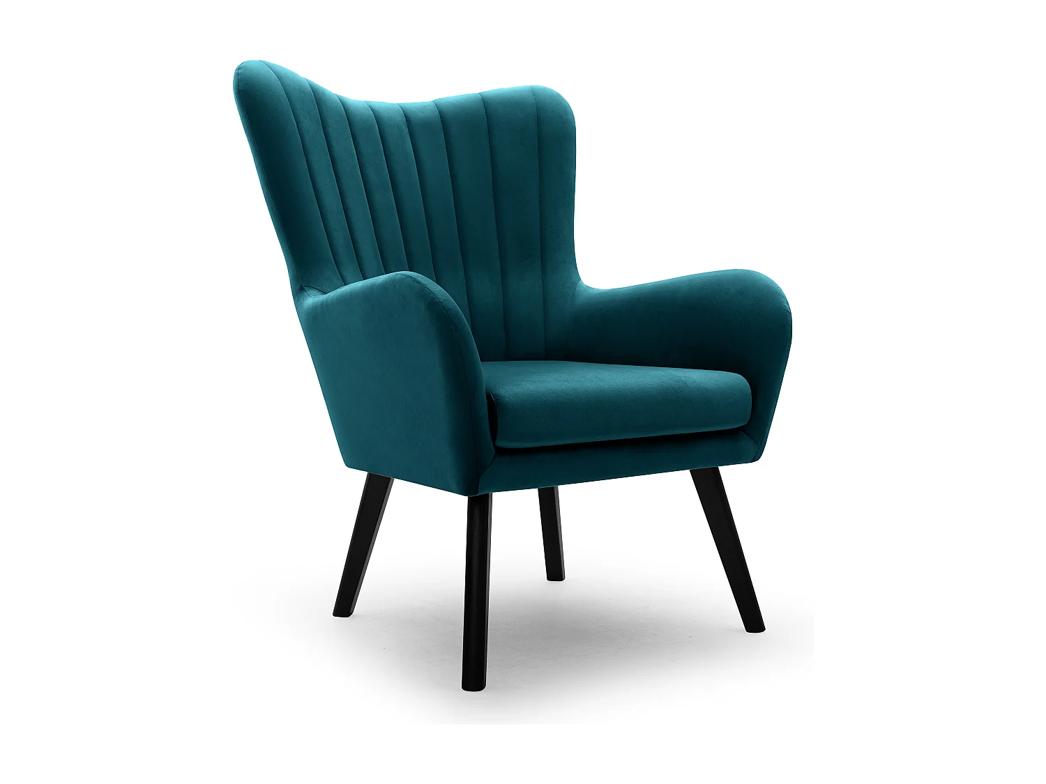 Ted fauteuil van Velluto – Elegante fluwelen stoel, hoge rugleuning, brede zitting, zwarte houten poten, 76x78x100 cm, Turquoise