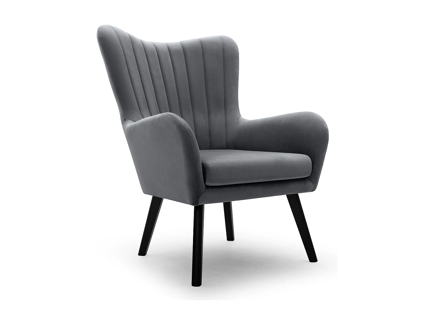 Ted fauteuil van Velluto – Elegante fluwelen stoel, hoge rugleuning, brede zitting, zwarte houten poten, 76x78x100 cm, Grijs