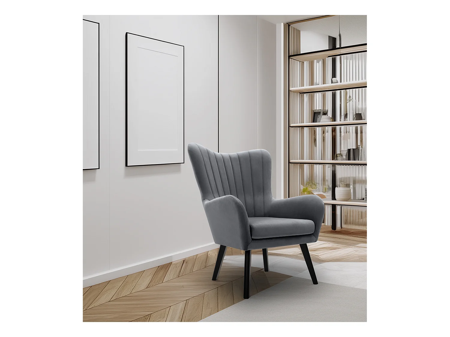 Fauteuil TED en velours Velluto – Élégant fauteuil gris, dossier haut, assise large, pieds en bois noir, coutures verticales, 76x78x100 cm