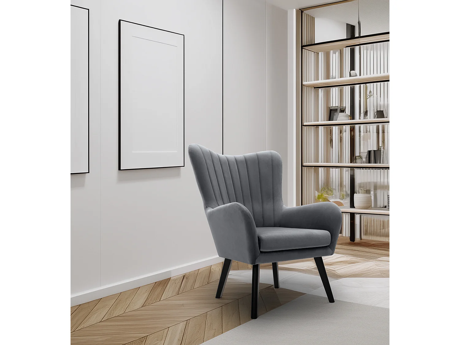 Ted fauteuil van Velluto – Elegante fluwelen stoel, hoge rugleuning, brede zitting, zwarte houten poten, 76x78x100 cm, Grijs