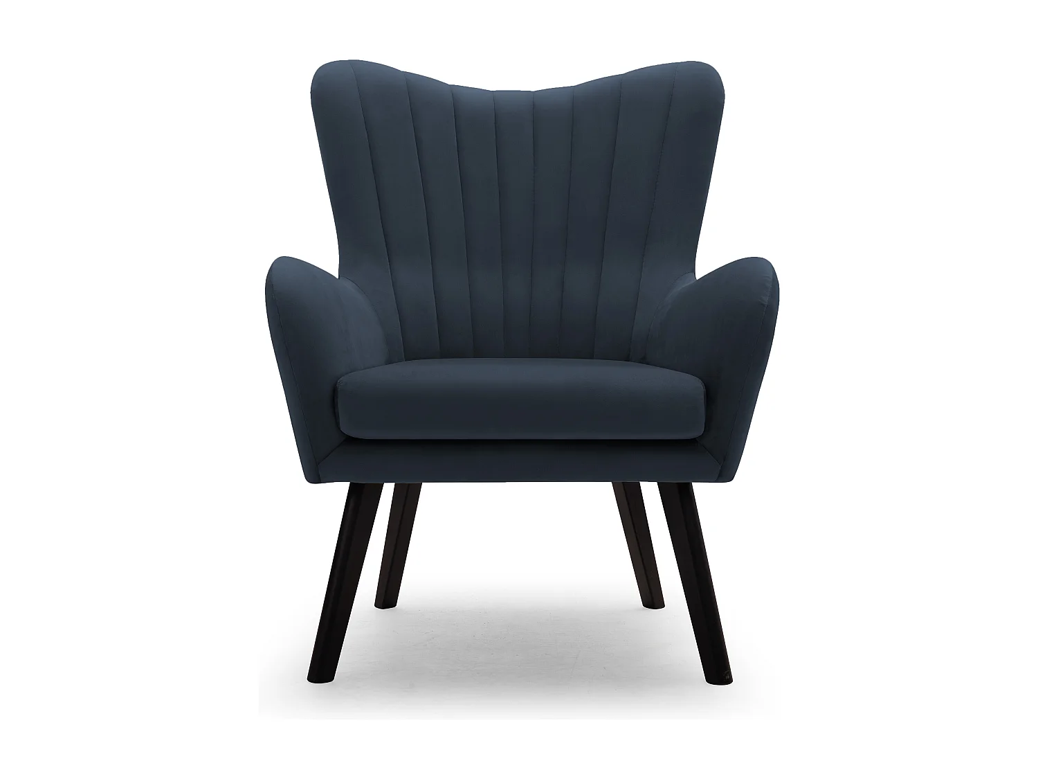 Fauteuil TED en velours Velluto – Élégant fauteuil bleu marine, dossier haut, assise large, pieds en bois noir, coutures verticales, 76x78x100 cm