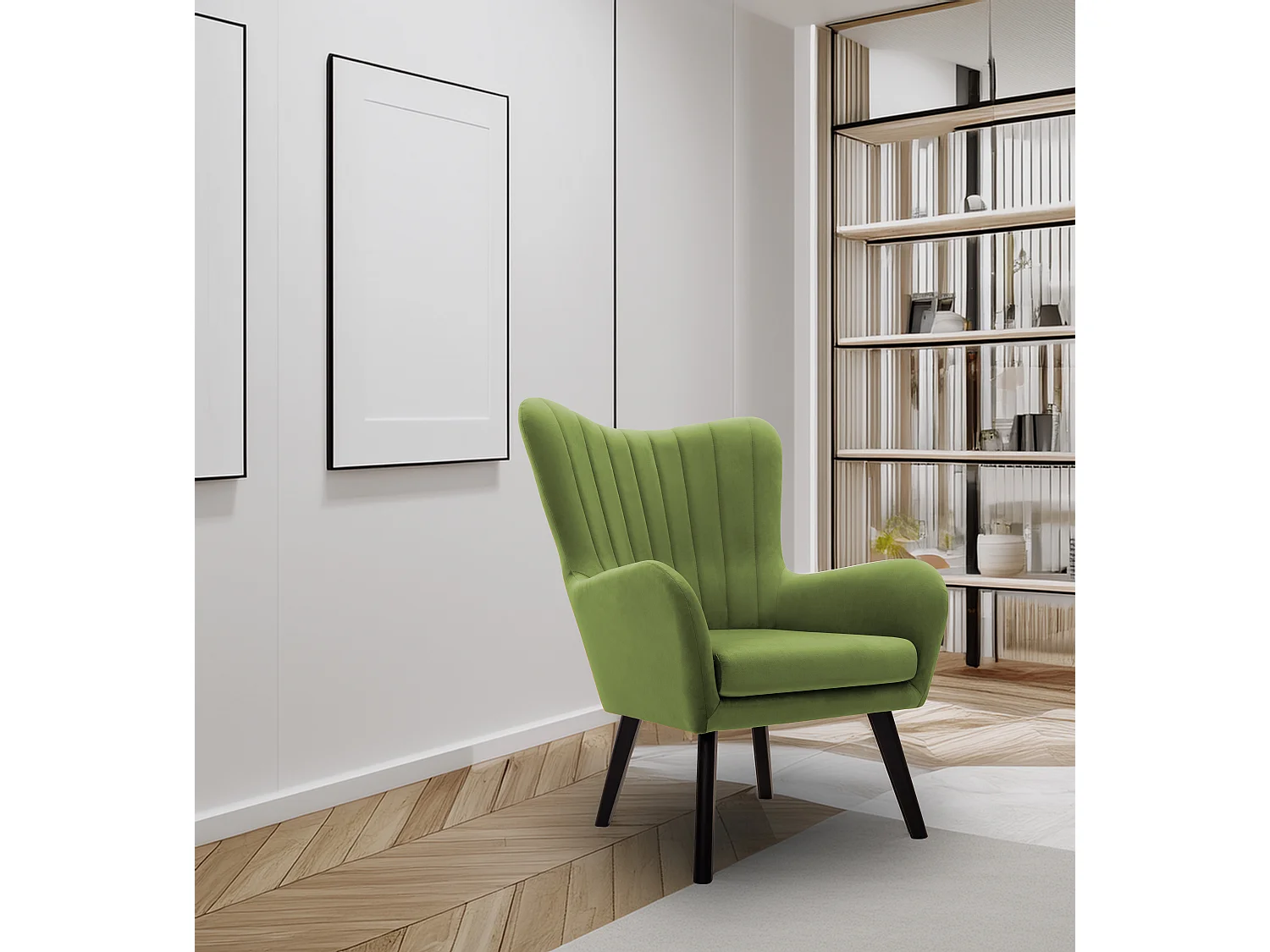 Ted fauteuil van Velluto – Elegante fluwelen stoel, hoge rugleuning, brede zitting, zwarte houten poten, 76x78x100 cm, Lichtgroen