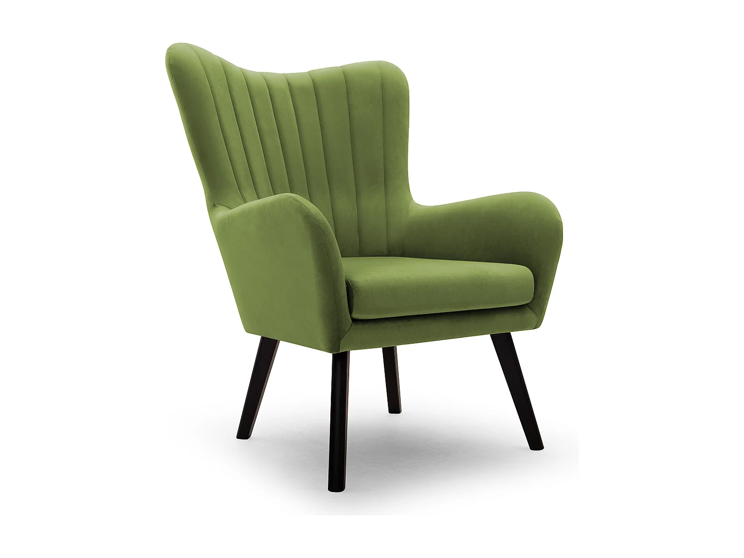 Ted fauteuil van Velluto – Elegante fluwelen stoel, hoge rugleuning, brede zitting, zwarte houten poten, 76x78x100 cm, Lichtgroen