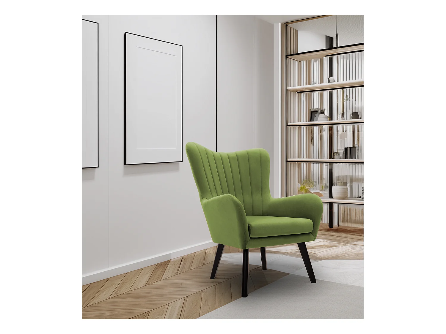 Fauteuil TED en velours Velluto – Élégant fauteuil vert clair, dossier haut, assise large, pieds en bois noir, coutures verticales, 76x78x100 cm