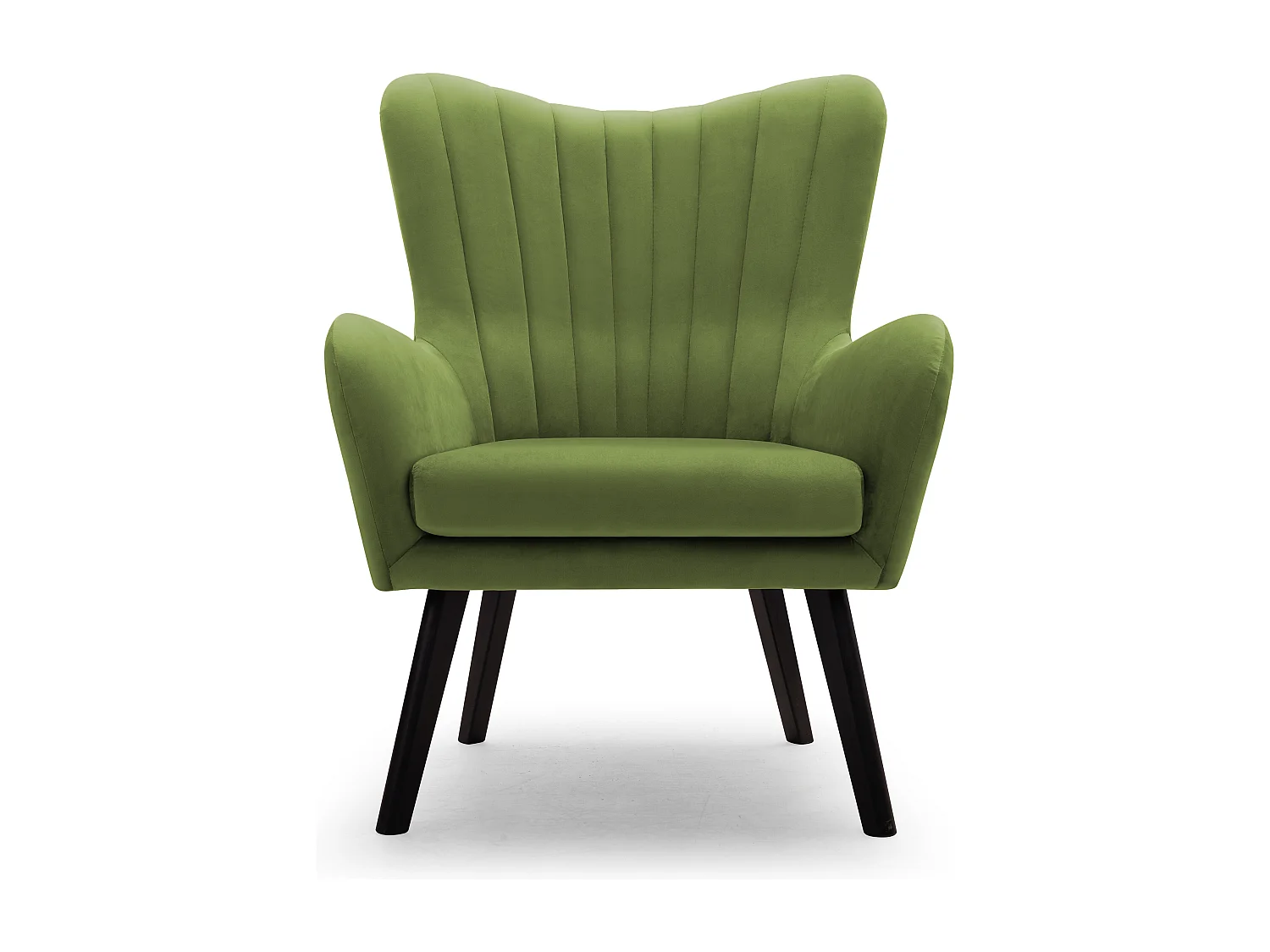 Ted fauteuil van Velluto – Elegante fluwelen stoel, hoge rugleuning, brede zitting, zwarte houten poten, 76x78x100 cm, Lichtgroen