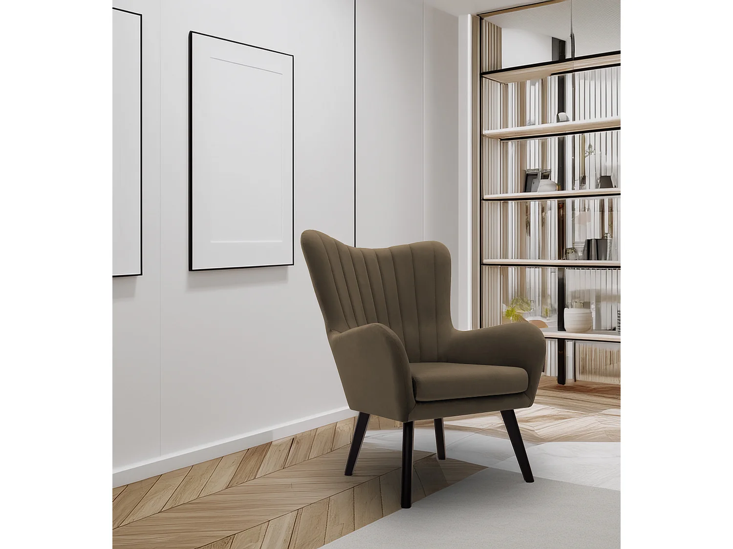 Fotel TED z tkaniny Velluto, wysoka oparcie, szerokie siedzisko, czarne nogi, pionowe przeszycia, 76x78x100 cm, ciemnozielony