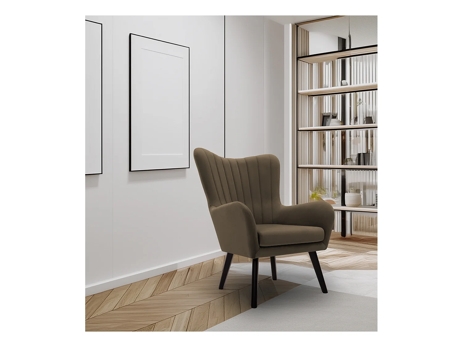 Fauteuil TED en velours Velluto – Élégant fauteuil vert foncé, dossier haut, assise large, pieds en bois noir, coutures verticales, 76x78x100 cm