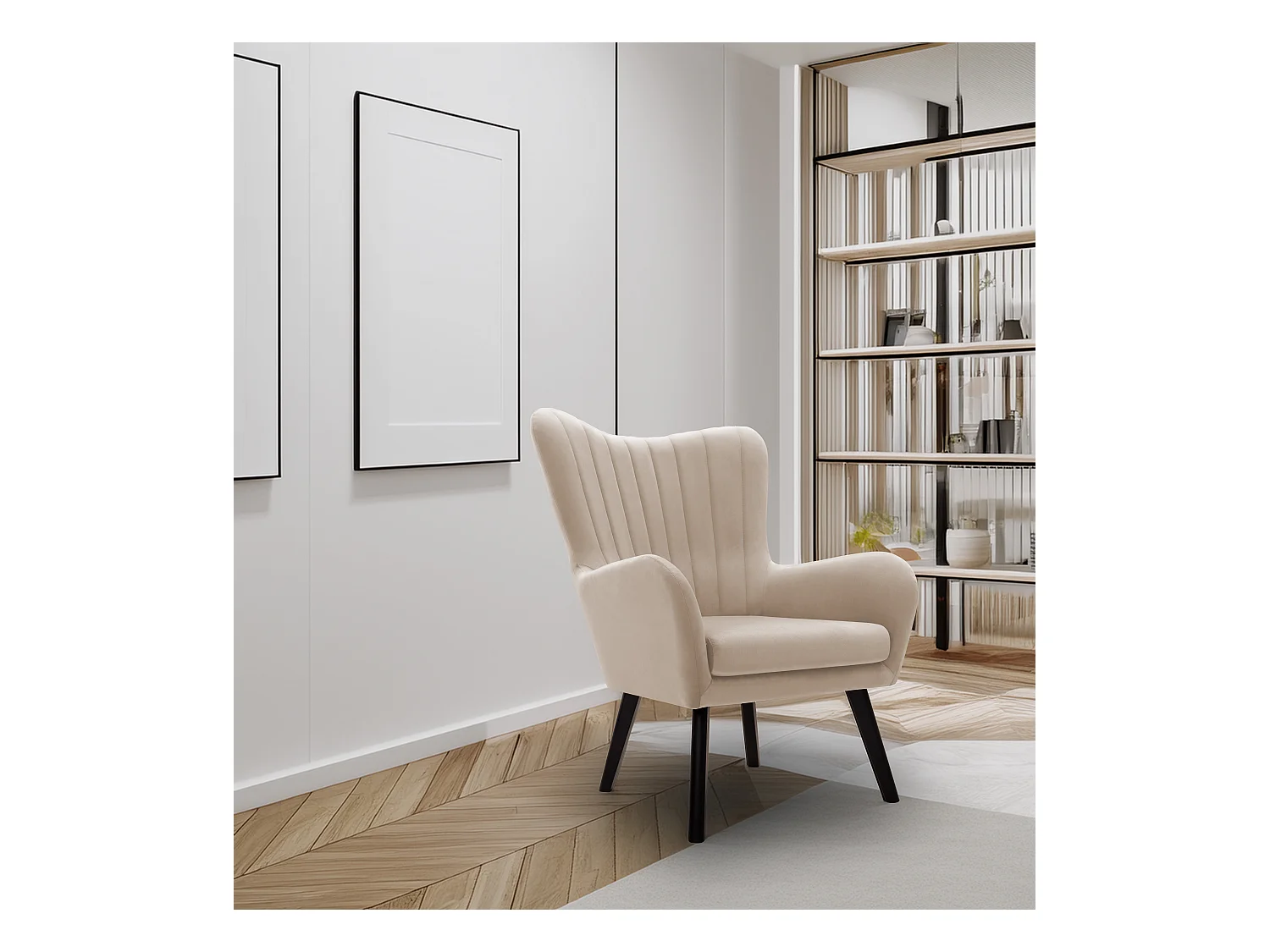 Fauteuil TED en velours Velluto – Élégant fauteuil beige, dossier haut, assise large, pieds en bois noir, coutures verticales, 76x78x100 cm