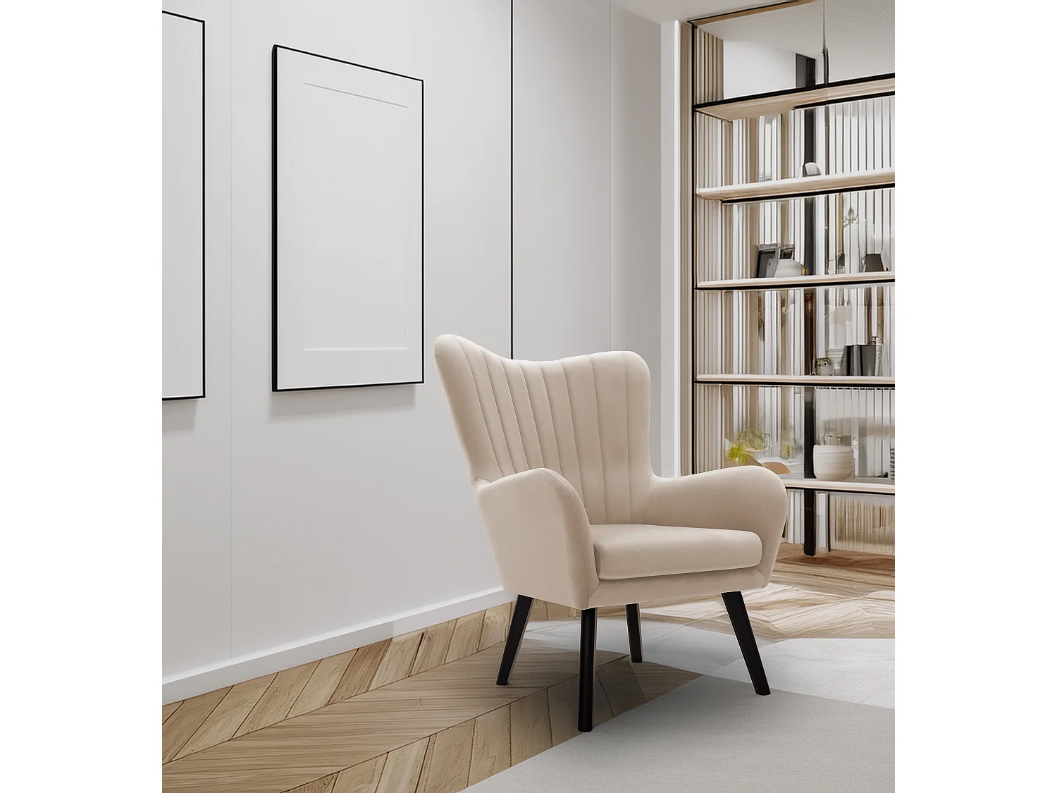 Ted fauteuil van Velluto – Elegante fluwelen stoel, hoge rugleuning, brede zitting, zwarte houten poten, 76x78x100 cm, Beige