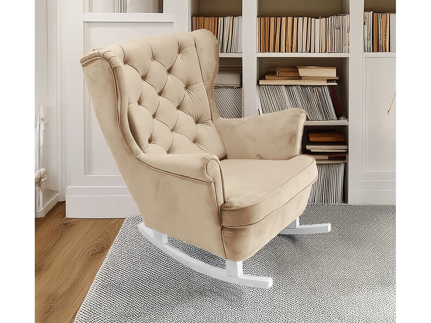 Ted fauteuil van Velluto – Elegante fluwelen stoel, hoge rugleuning, brede zitting, zwarte houten poten, 76x78x100 cm, Beige