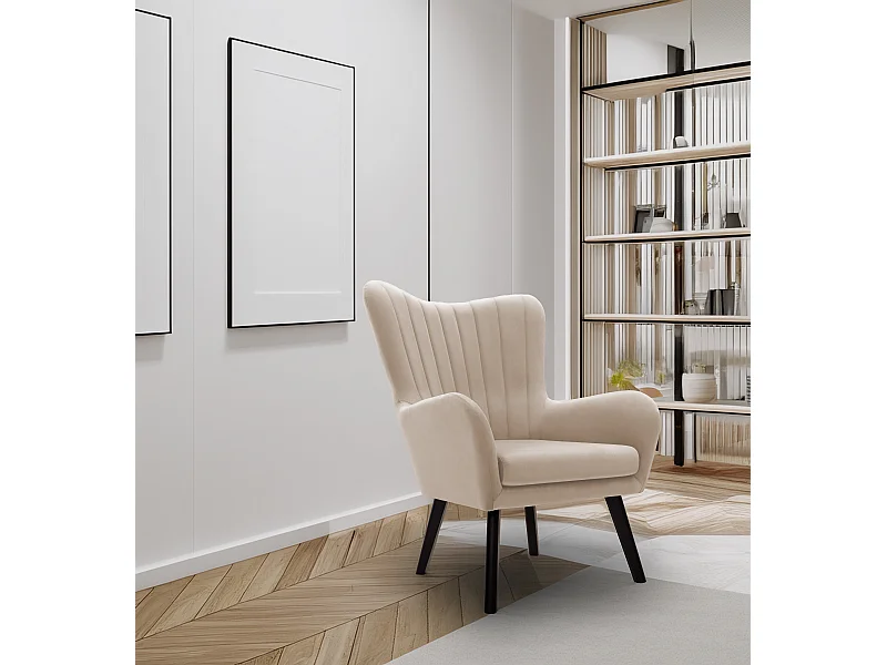 Fauteuil TED en velours Velluto – Élégant fauteuil beige, dossier haut, assise large, pieds en bois noir, coutures verticales, 76x78x100 cm