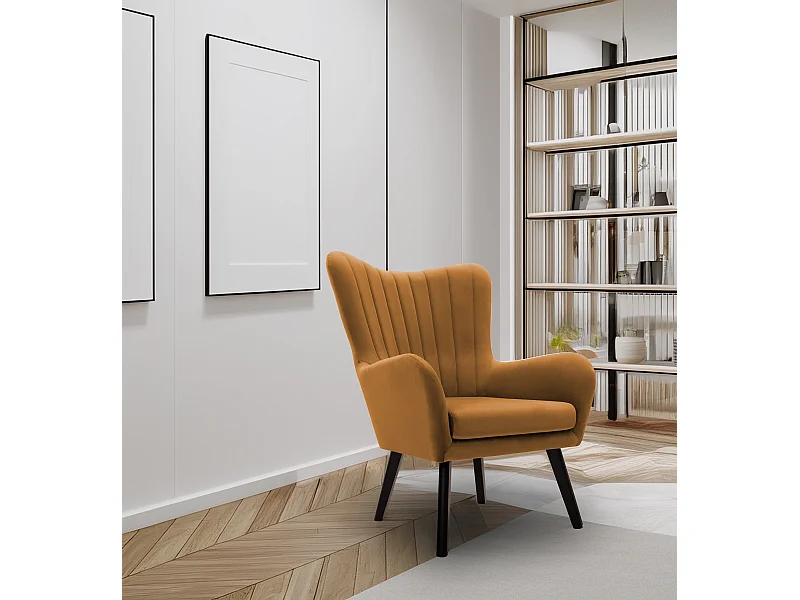 Ted fauteuil van Velluto – Elegante fluwelen stoel, hoge rugleuning, brede zitting, zwarte houten poten, 76x78x100 cm, Goud