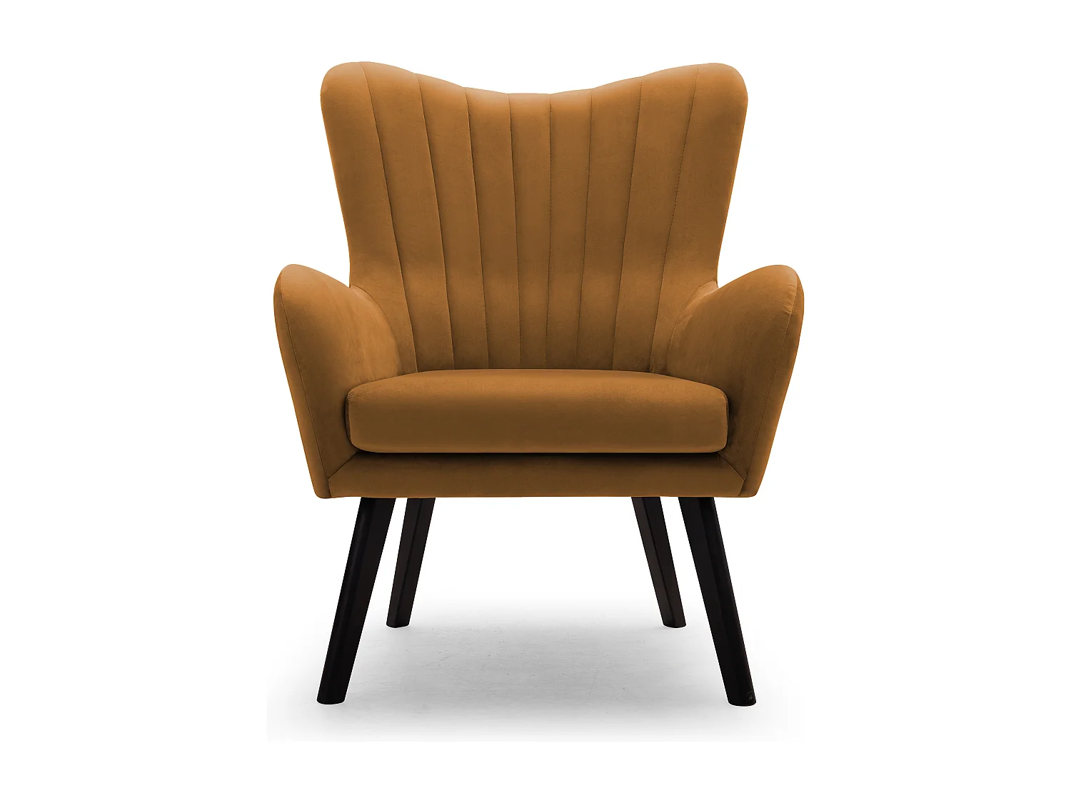 Ted fauteuil van Velluto – Elegante fluwelen stoel, hoge rugleuning, brede zitting, zwarte houten poten, 76x78x100 cm, Goud