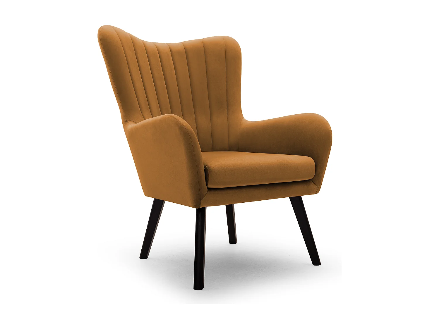 Ted fauteuil van Velluto – Elegante fluwelen stoel, hoge rugleuning, brede zitting, zwarte houten poten, 76x78x100 cm, Goud