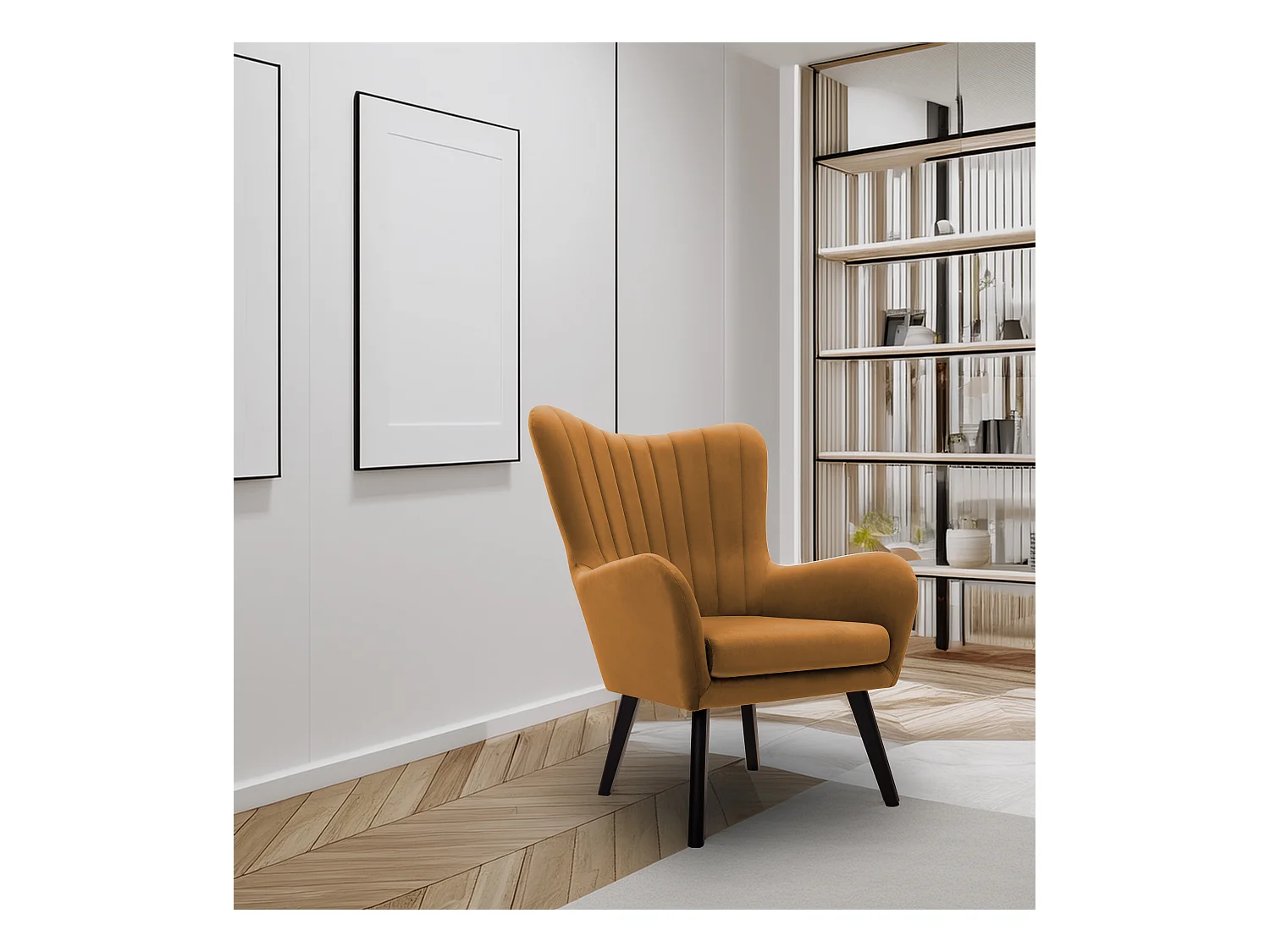 Fauteuil TED en velours Velluto – Élégant fauteuil doré, dossier haut, assise large, pieds en bois noir, coutures verticales, 76x78x100 cm