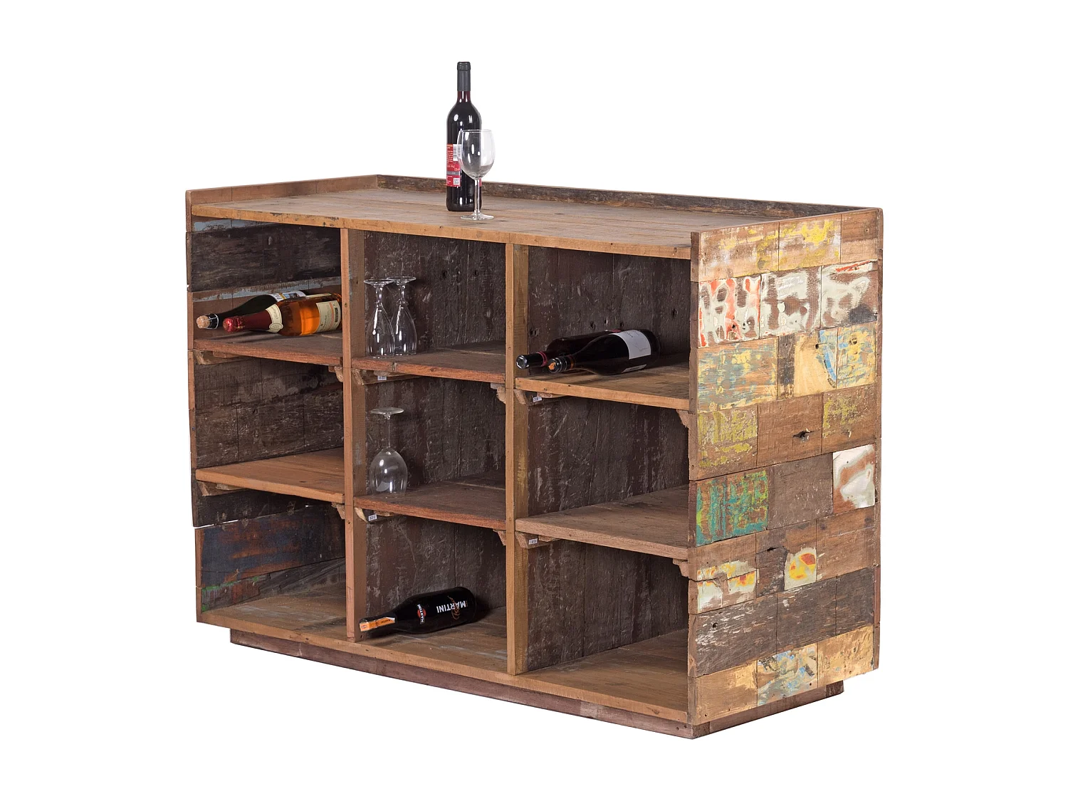 BARSCHRANK Club 138 Recycling Massivholz, mit 9 Fächern, Unikat bunt